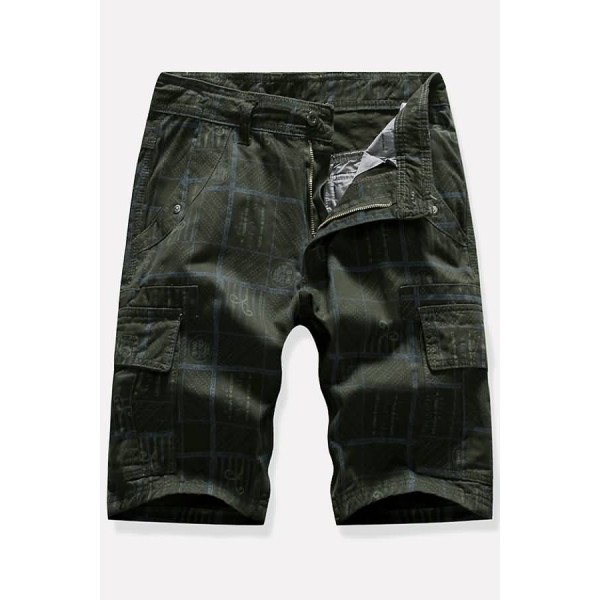Men Army-green Plaid Multi-pocket Casual Cargo Shorts