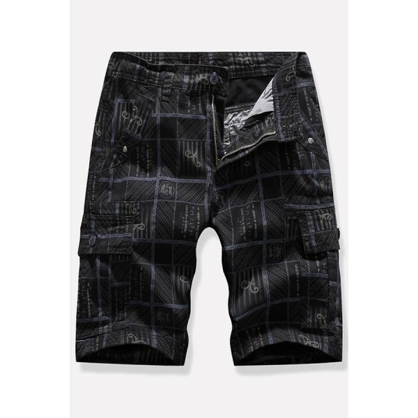 Men Black Plaid Multi-pocket Casual Cargo Shorts
