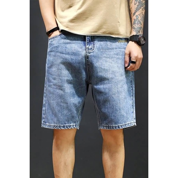 Men Blue Letters Embroidery Pocket Casual Denim Shorts