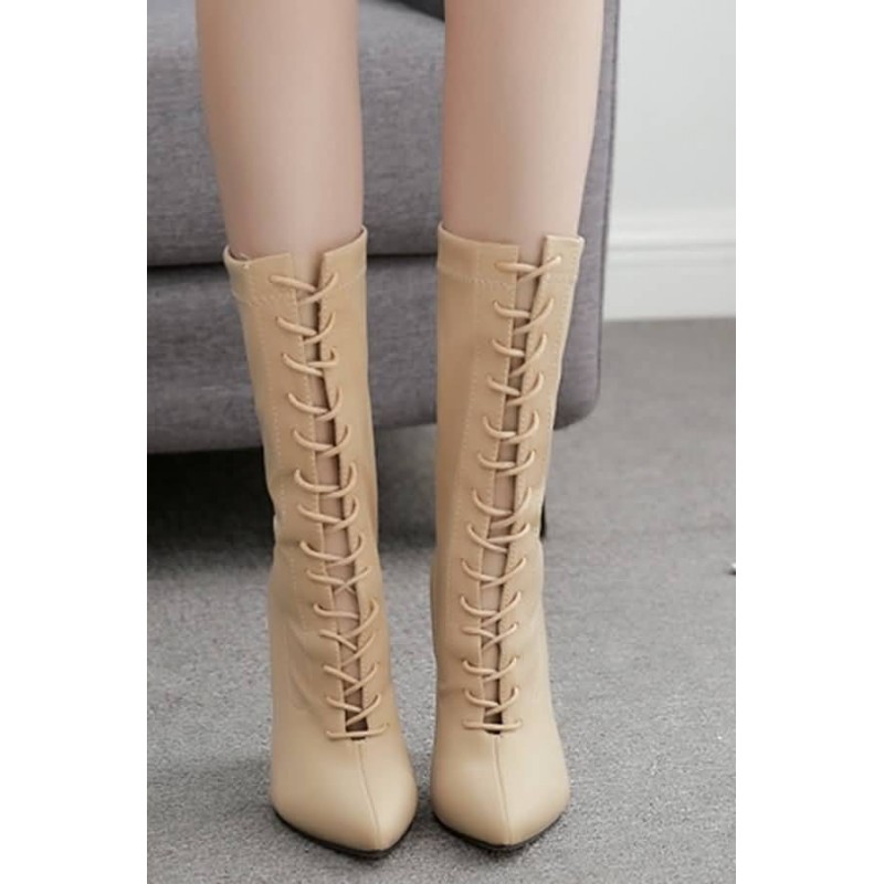 Apricot Lace Up Pointed Toe Stiletto Heel Mid-calf Boots