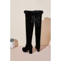 Black Suede Faux Fur Lace Up Back Side-zip Chunky Heel Thigh-high Boots