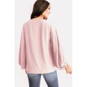 Pink V Neck Puff Sleeve Casual Blouse