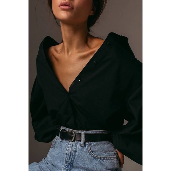 Black Button Up Puff Sleeve Casual Shirt