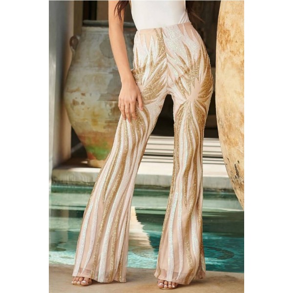 Apricot Sequin High Waist Casual Flared Pants