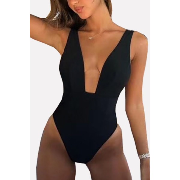 Black Plunging High Waist High Cut Sexy One Piece Swimsuit