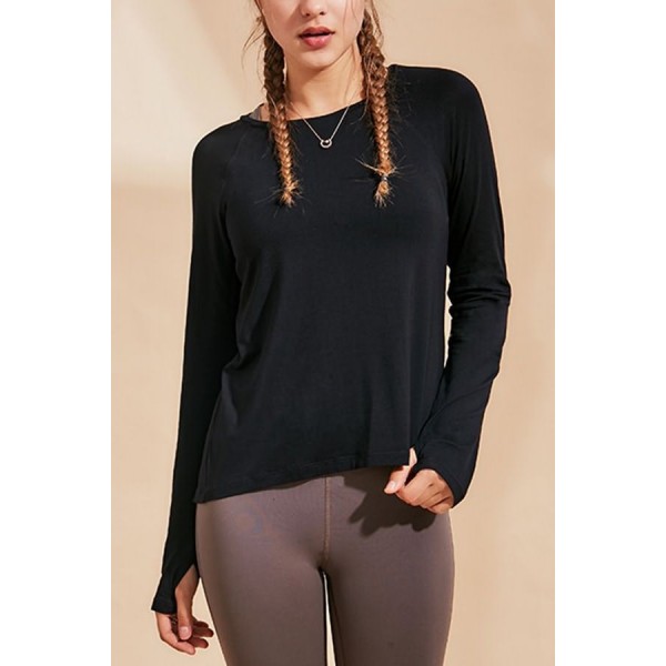 Black Lace Up Back Long Sleeve Round Neck Workout Sports Tee