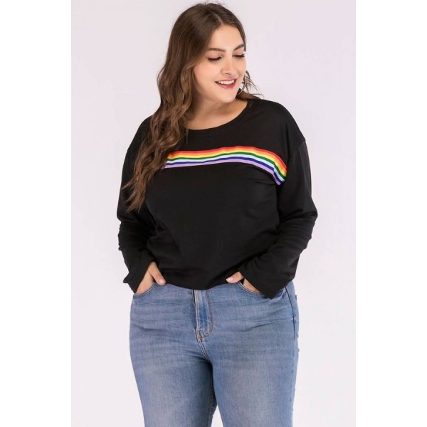 Black Rainbow Stripe Long Sleeve Casual Plus Size T Shirt