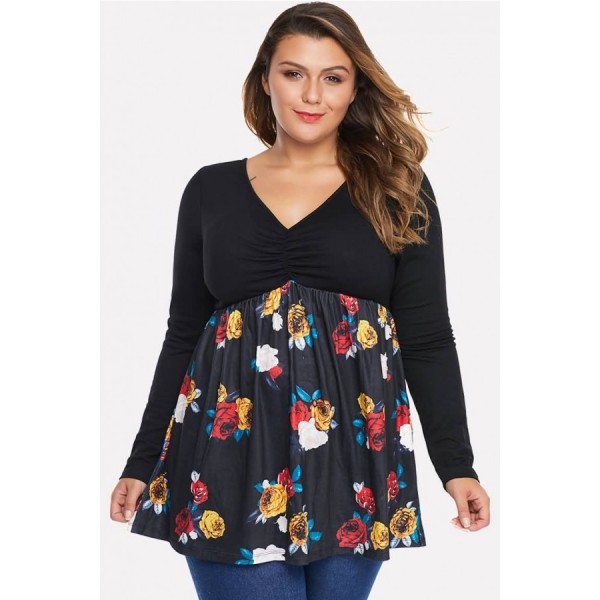 Black Floral Print Splicing Ruched Casual Plus Size T Shirt
