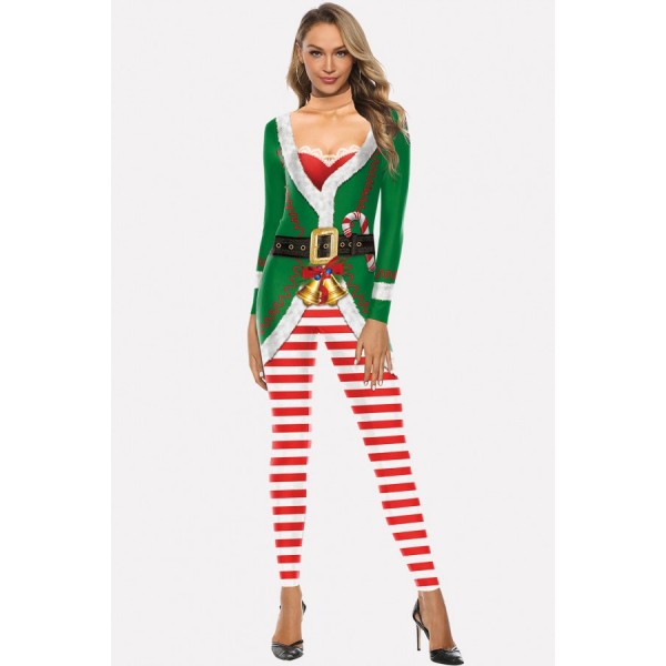 Green Stripe Print Jumpsuit Christmas Cosplay Costume