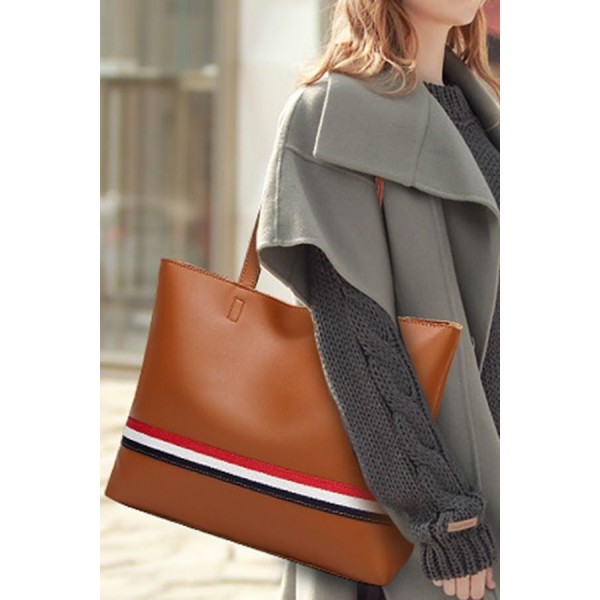 Brown Faux Leather Contrast Stripe Two-piece Set Tote Handbag