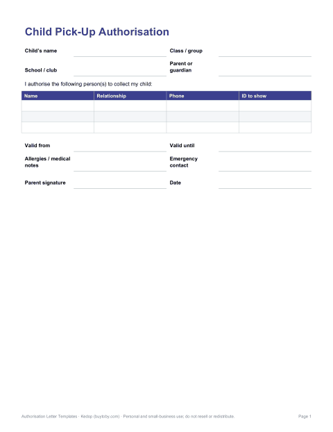 Preview of the first page of Child pick-up authorisation (DOCX)